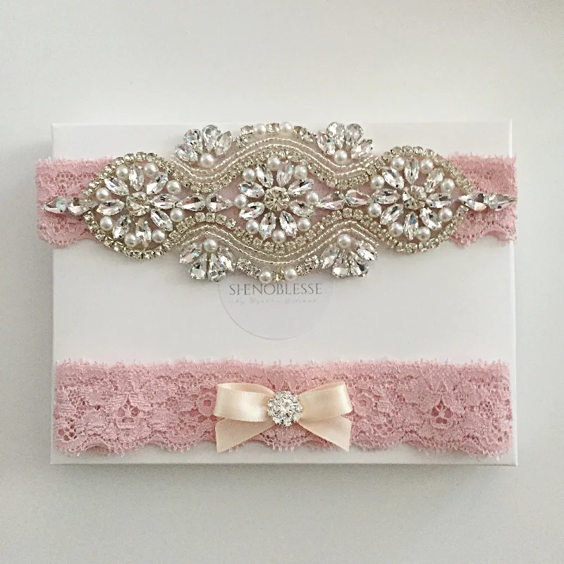 adjustable - length women gartersLEILA | Dusty Pink Lace Wedding Garter Set with Crystals and Pearls