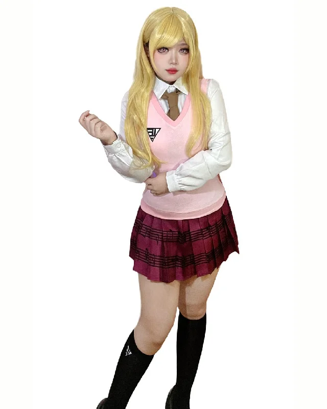 women cross - gender cosplay costumesWomen's Kaede Akamatsu Cosplay Costume Pink Uniform US Size Cosplay Costume Outfit Vest Skirt Set with Socks