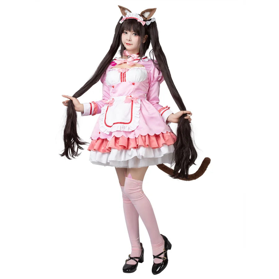 women cosplay costumes with built - in lights【READY TO SHIP】Nekopara Chocola Cosplay Costume Pink Maid Outfit C00657