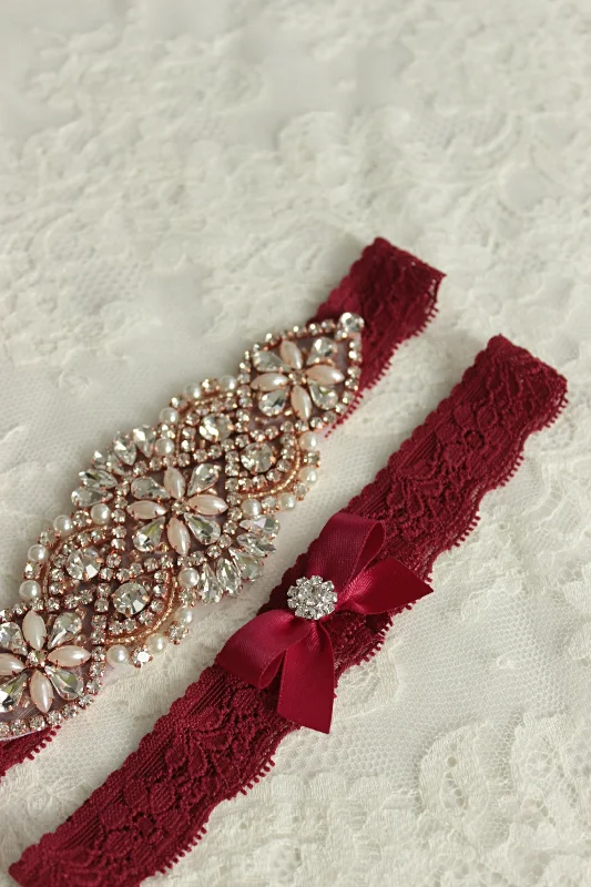 see - through women garters for allureJUDY | Deep Burgundy Rose Gold Wedding Garter Set with Rose Gold Details, Crystals and Pearls