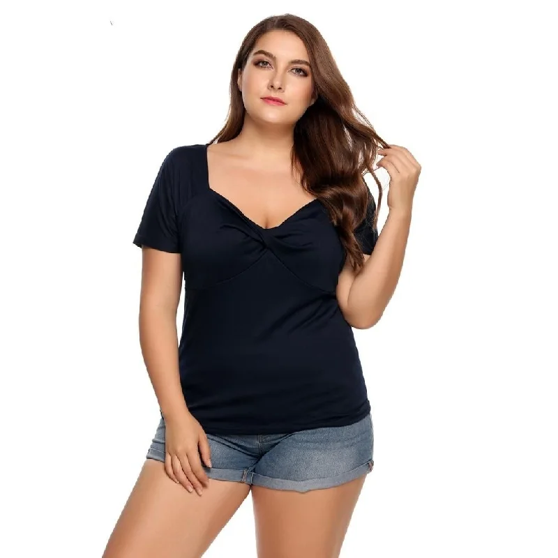 women sexy dresses with illusion necklinesANALUKE Vintage Ruched Front Twist Knot Short Sleeve T-shirt