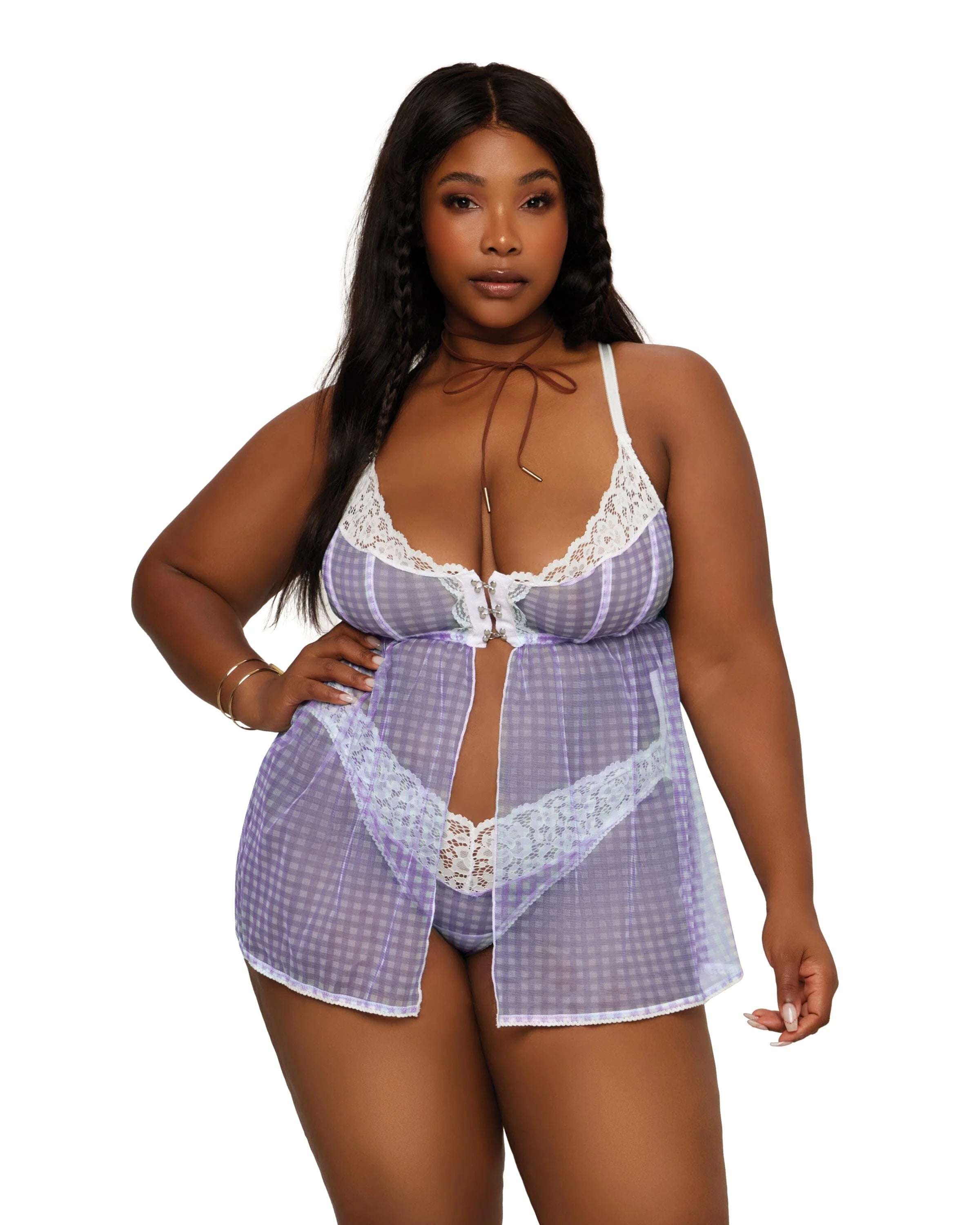 anniversary women bra and panty sets giftsLace and Gingham Printed Mesh Babydoll & Panty Set