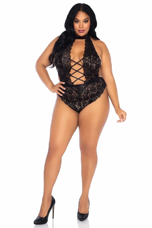 celebrity inspired women bra and panty sets for a trendy lookPlus Size Floral Lace Backless Teddy Lingerie Set