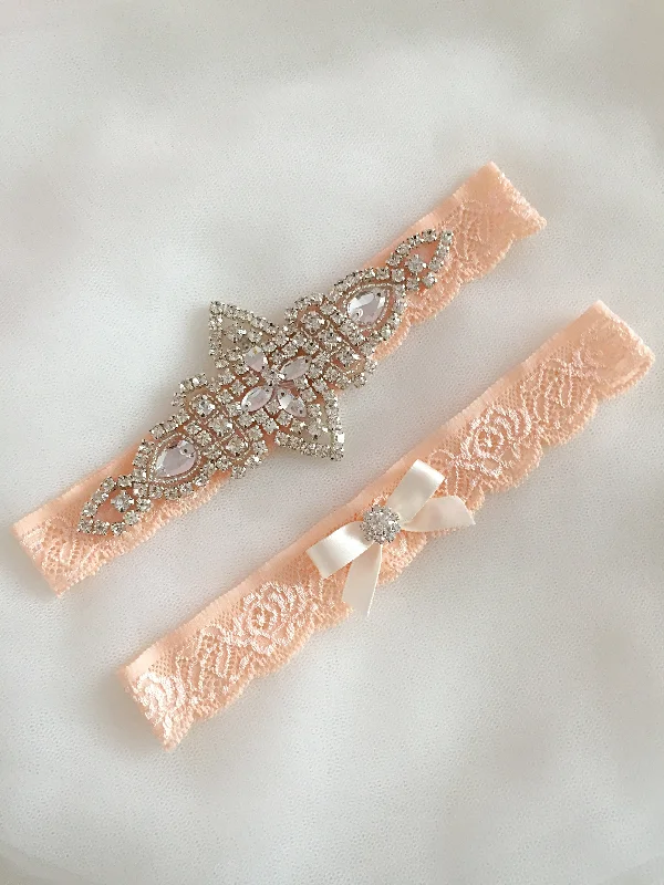 back - fastening women gartersKENNA |Wedding Garter Set Crystals, Pastel Peach Wedding, Peach Bridal Accessories