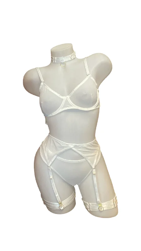 antibacterial women bra and panty sets for hygiene5 Pc Mesh Lingerie Set White