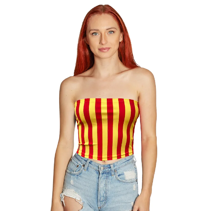 short - length women tube top for a cropped and trendy styleRed & Yellow Striped Tube Top