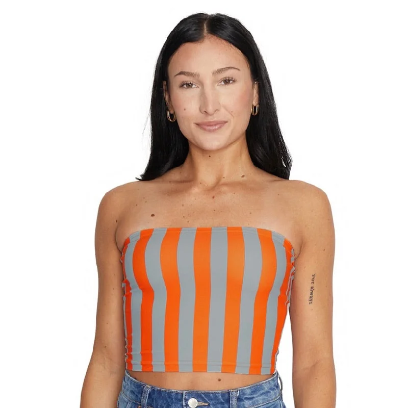 drawstring women tube top for a adjustable and casual styleBurnt Orange & Grey Striped Tube Top