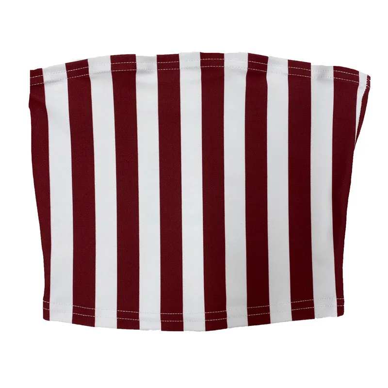 metallic women tube top for a glamorous and eye - catching lookMaroon & White Striped Tube Top