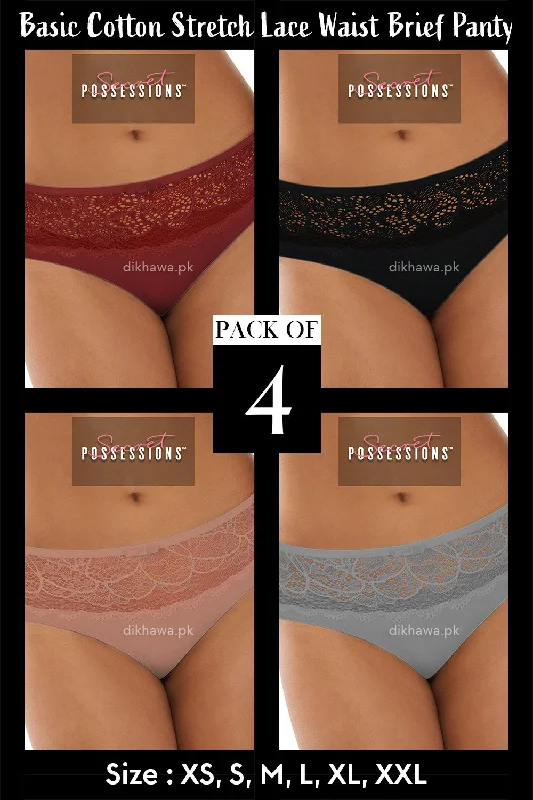 lace bikini panties for women with a glamorous lookSecret Possessions Panty - Basic Cotton Stretch Lace Waist Brief Panty Pack of 4