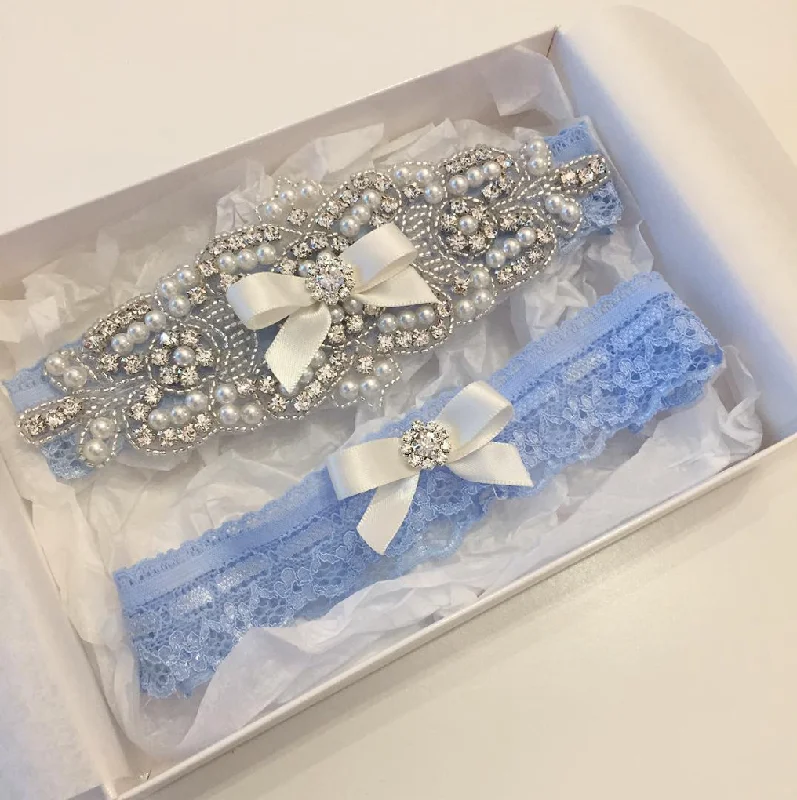 non - stretch women gartersELISABETH II |  Blue Lace Wedding Garters with Crystals and Pearls - Something Blue Bridal