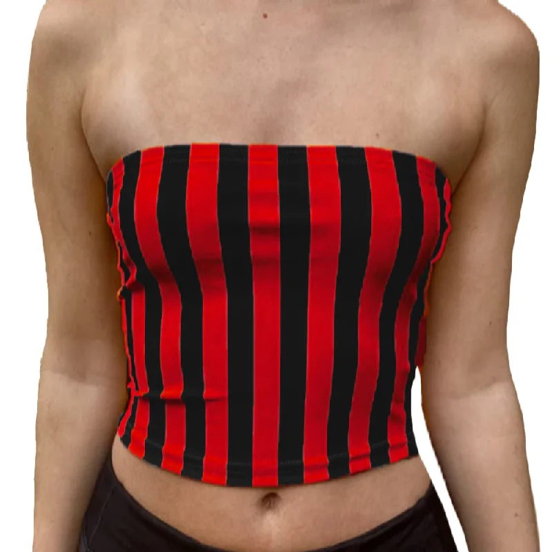 high - low hem women tube top for a stylish and asymmetrical lookRed & Black Striped Tube Top