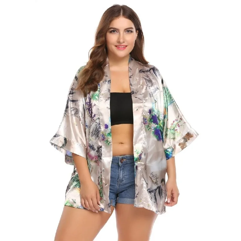 women sexy dresses for beach partiesANALUKE 3/4 Batwing Sleeve Print Loose Satin Kimono  Cardigan