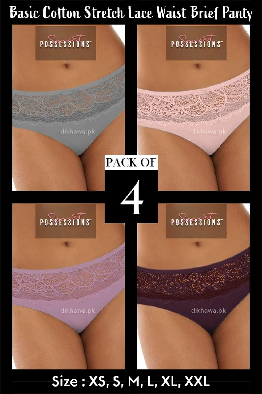 plus size panties for women with perfect fitSecret Possessions Panty - Basic Cotton Stretch Lace Waist Brief Panty Pack of 4