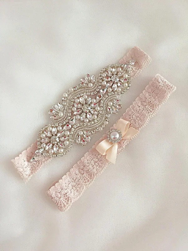 size - specific women gartersLEILA | Champagne Lace Wedding Garter Set with Crystals and Pearls