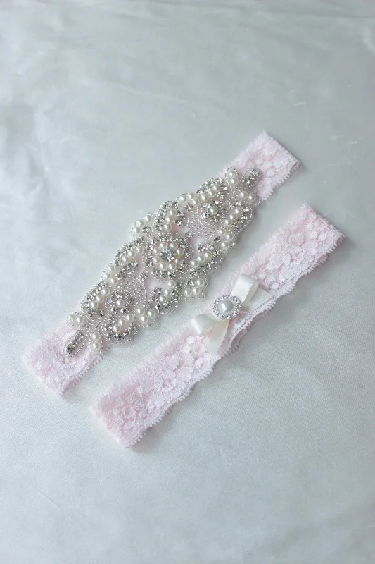 discreet women garters for everyday wearELISABETH | Wedding Garter Set with Crystals and Pearls - Light Pink - Barbie pink