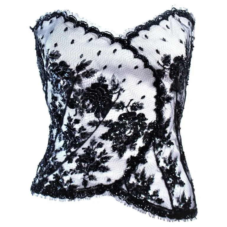 workout women bustiers and corsets supportCHRISTINA PERRIN White and Black Beaded Lace Bustier Size 6