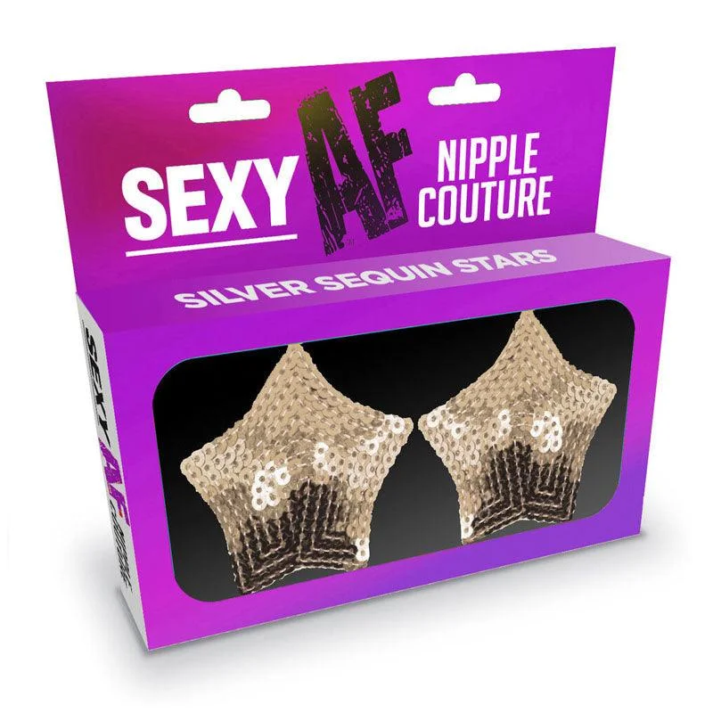 eco friendly women sexy lingerie optionsSexy AF - Nipple Couture Silver Stars - Silver Sequin Reusable Nipple Pasties