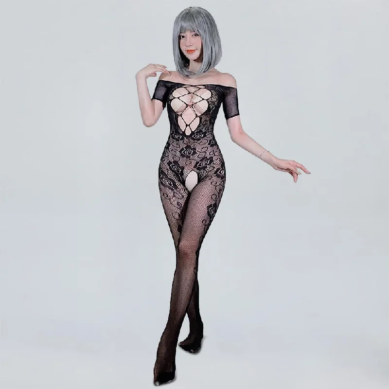 corset style women sexy lingerieFloral Lace Bodystocking Sexy Black Hollow Crotchless Bodysuit