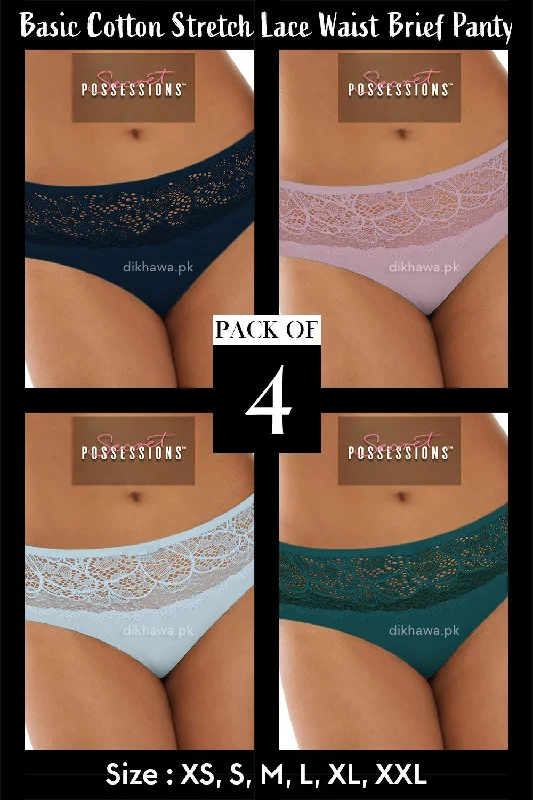 satin panties for women with a luxurious feelSecret Possessions Panty - Basic Cotton Stretch Lace Waist Brief Panty Pack of 4