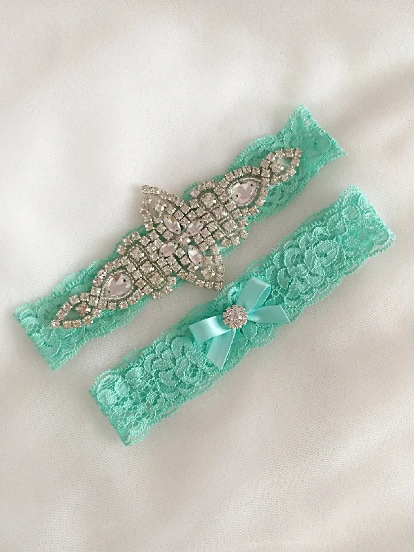 fishnet women garters textureKENNA | Mint Lace Wedding Garter Set with Crystals