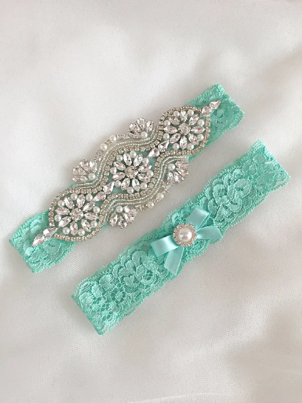 back - fastening women gartersLEILA | Seafoam Turquoise Lace Wedding Garter Set with Crystals and Pearls