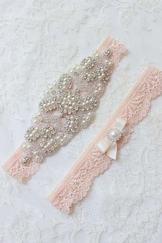 plus size women garters optionsELISABETH | Blush Lace Wedding Garter Set with Crystals and Pearls