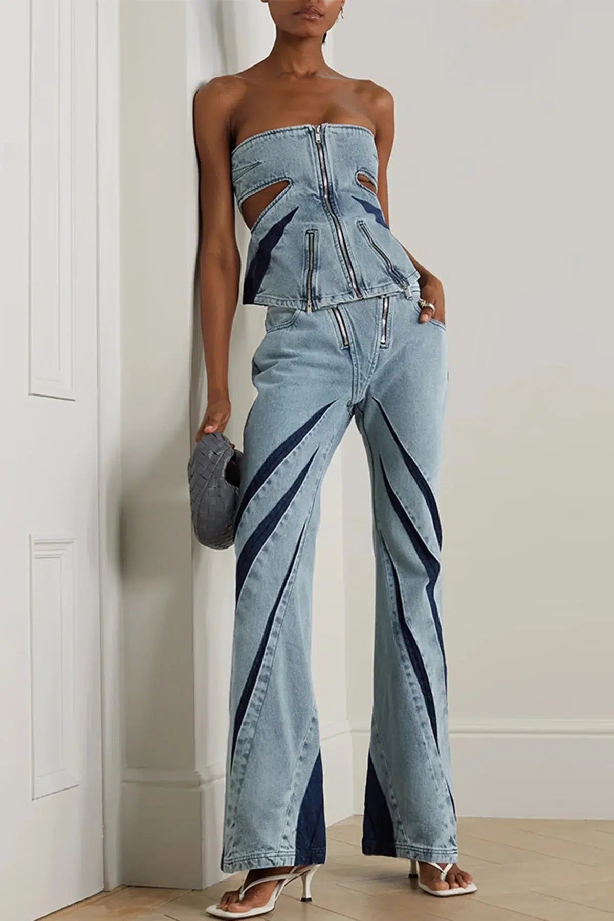 ruffled women tube top for a feminine and flirty lookDenim Cut Out Tube Top & Patch Jeans Two Piece Set