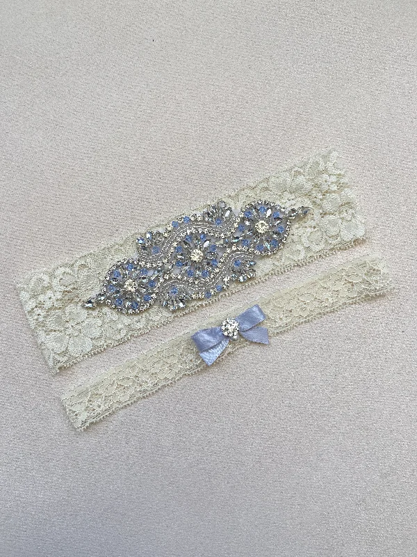 hypoallergenic women gartersVICTORIA | Ivory Lace Wedding Garters with Light Blue Crystals - Something Blue