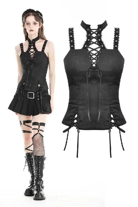 zip front women bustiers and corsets designPunk black spiderweb embossed lace-up top CW080