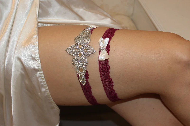 white women garters for purityLAST ONE READY TO SHIP - KENNA | Burgundy / Red Wine Lace Wedding Garter Set with Crystals