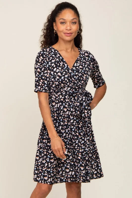 quick dry women nursing braBlack Floral Wrap Front V-Neck Short Sleeve Dress