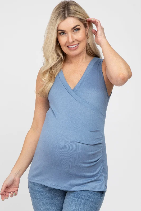 postpartum women nursing braBlue Crossover Ruched Maternity Nursing Tank