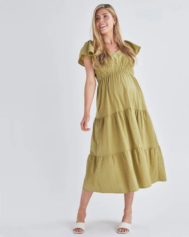 new mom's first women nursing braLayla Maternity Ruffled Dress in Chartreuse