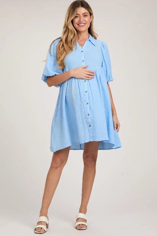 adjustable strap women nursing braLight Blue Button Down Bubble Sleeve Collared Maternity Dress