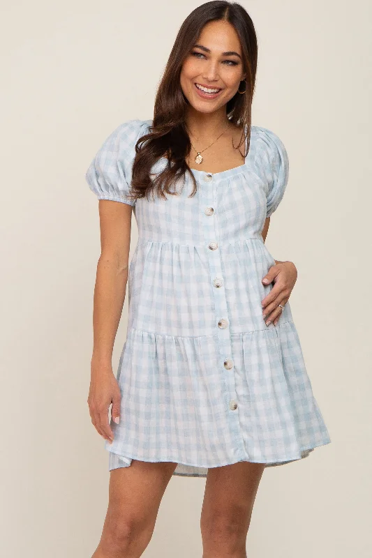 supportive eco - friendly women nursing braLight Blue Gingham Square Neck Button Front Maternity Dress