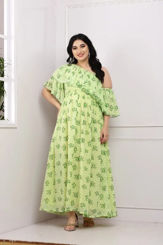 hand wash only women nursing braLime Green One Shoulder Maternity & Nursing Frill Maxi