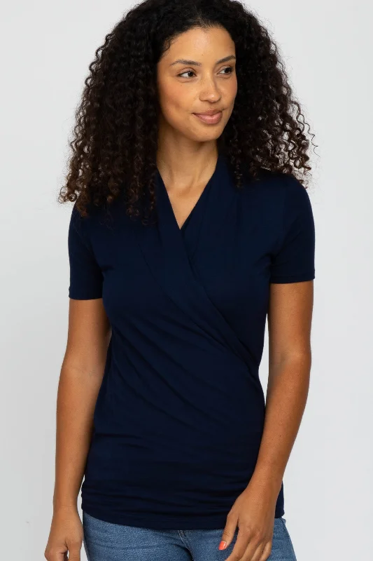 quick dry women nursing braNavy Blue Solid Short Sleeve Wrap Front Nursing Top