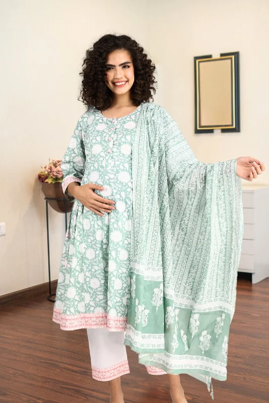 postpartum women nursing braPistachio Floral Maternity & Nursing Kurta + Bump Band Bottom + Dupatta (3 Pc) (100% Cotton)