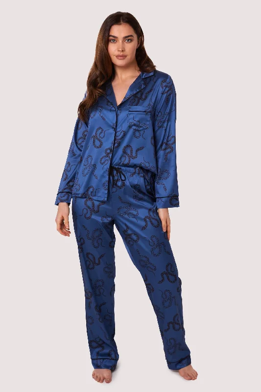 lace bras for a romantic lookBlue Satin Snake Print Long Sleeve Pyjama Set