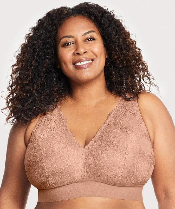 plunge bras for low cut topsGlamorise Bramour Lexington Lace Plunge Wire-Free  Bralette - Cappuccino