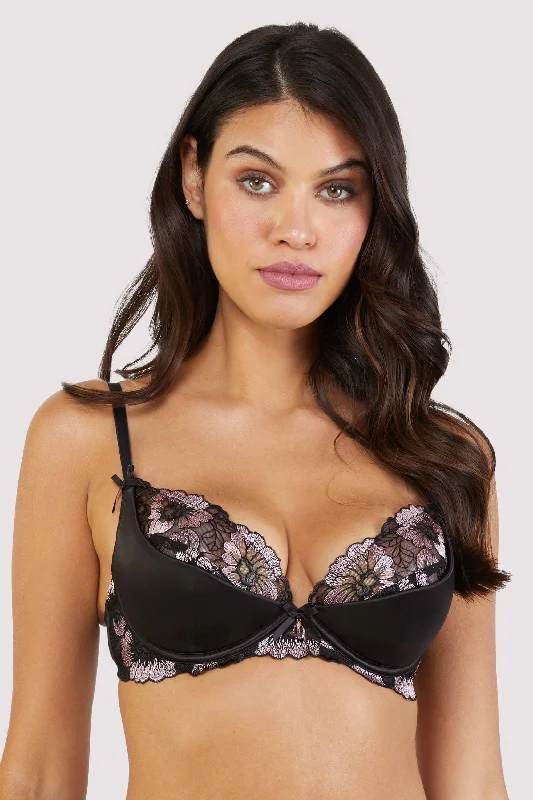 convertible sports bras for versatile useAlicia Black and Pink Embroidered Plunge Bra