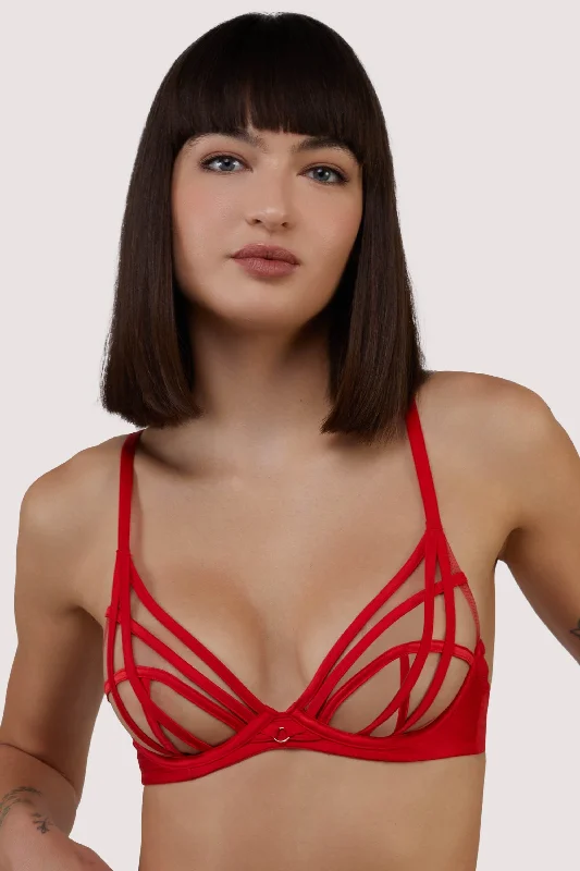 plus size convertible bras for flexibilityRamona red Strap Detail Illusion Sheer Plunge Bra