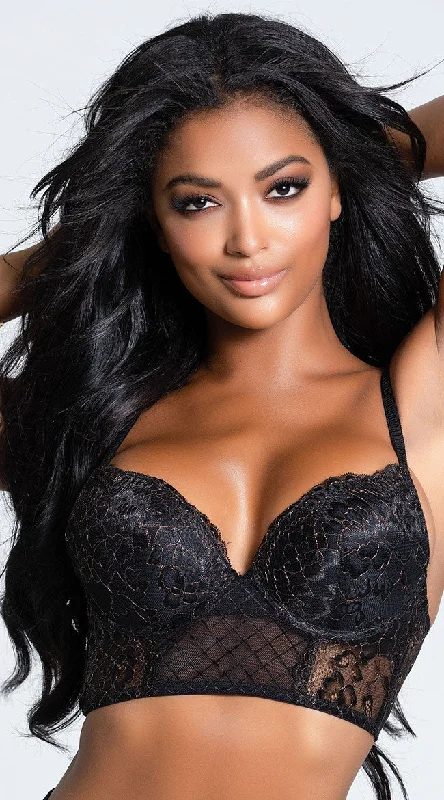 underwire bras with maximum supportYandy Flirty Flush Black Longline Bra